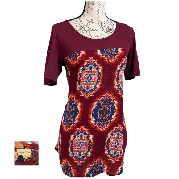 Anthropologie Meadow Rue EUC Burgundy Solvo Roll Tab TShirt - Picture 1 of 13